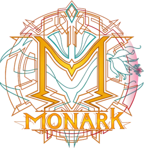 Logo officiel Monark streetwear premium : grande lettre M dorée avec motifs géométriques art déco et typographie dorée sur fond noir.