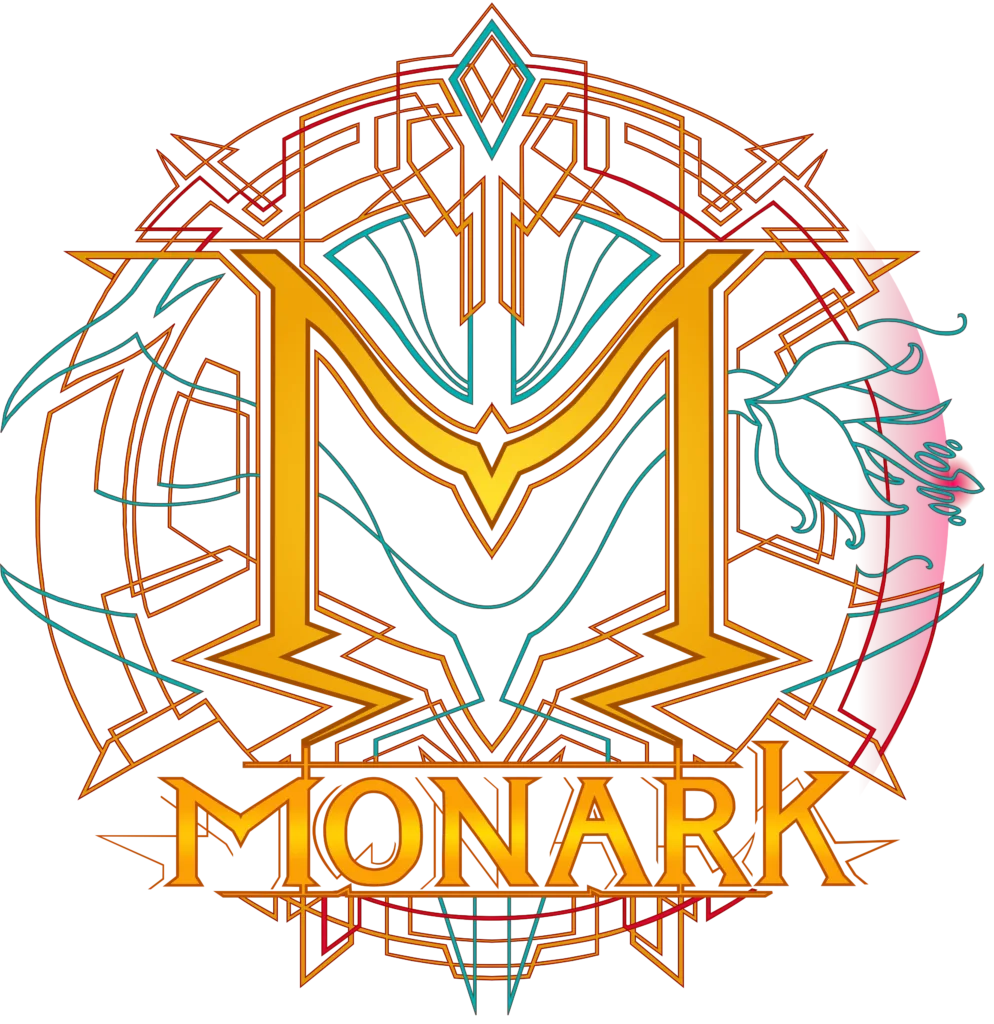 Logo officiel Monark streetwear premium : grande lettre M dorée avec motifs géométriques art déco et typographie dorée sur fond noir.
