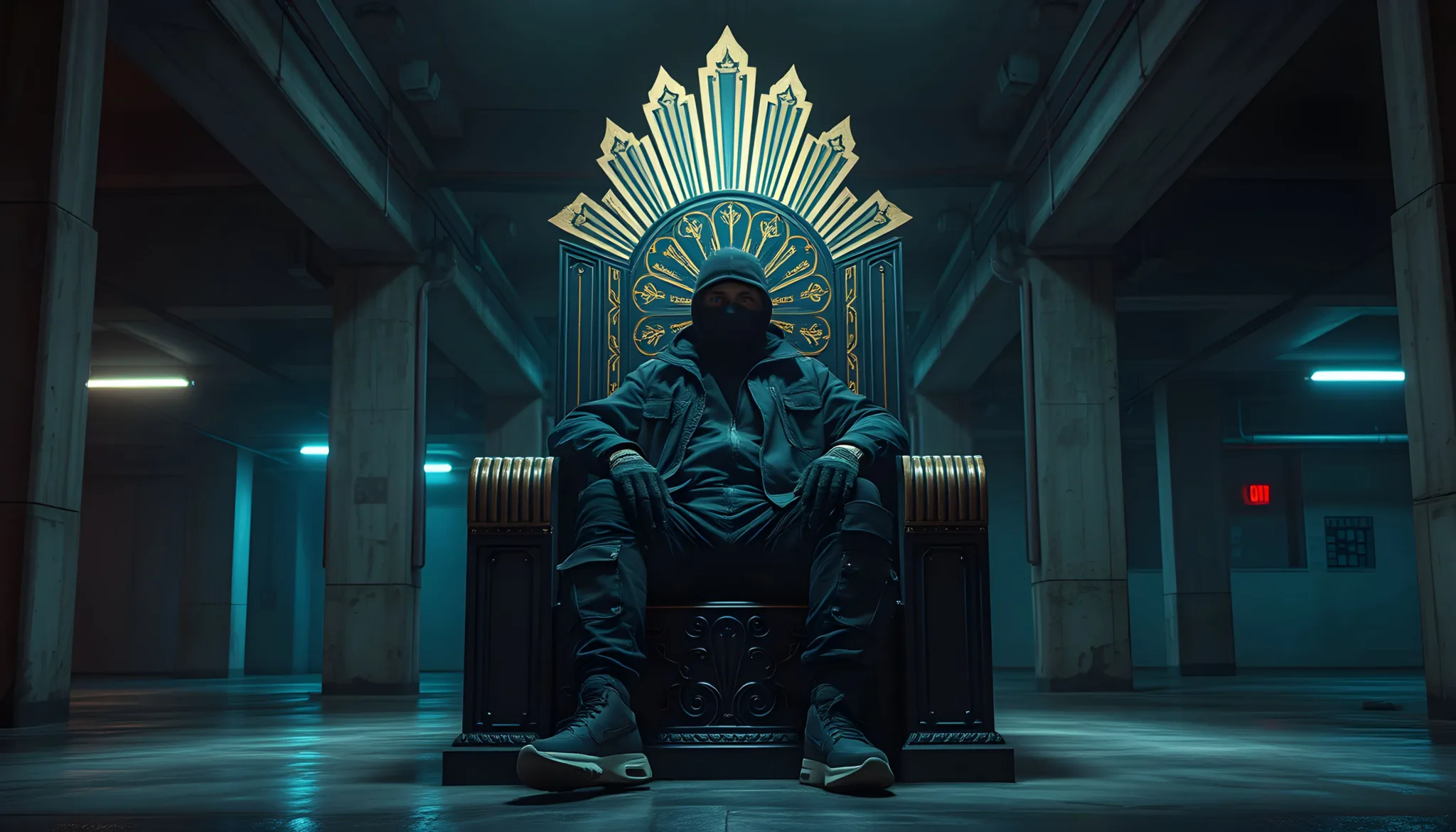 Ministre Urbain représentant de Monark Streetwear Premium, la marque de vêtements de mode urbaine exclusive et élégante; assis sur un trône de type art déco et vêtu de Noir, masqué, il impose son style.