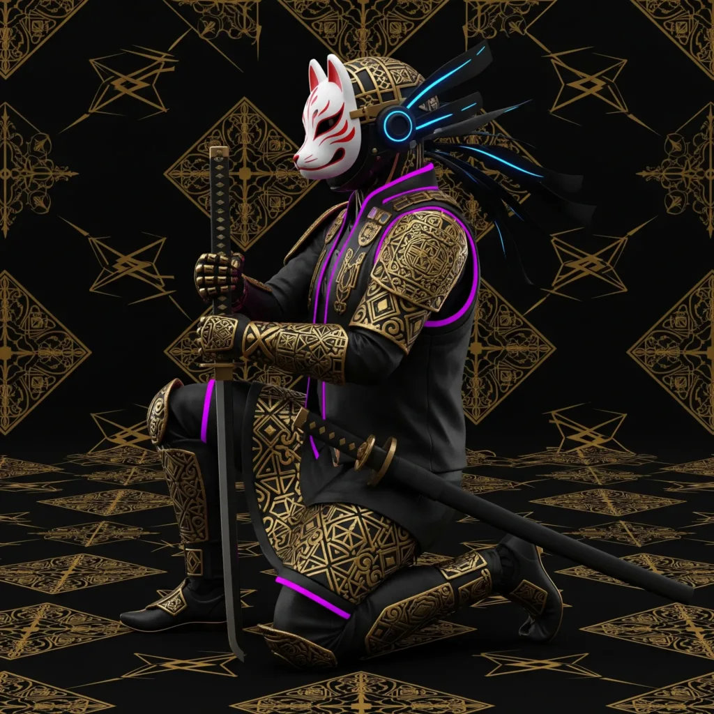 Un Samouraï cyberpunk vêtu des précommandes de vêtements Monark d'inspirations art déco et asiatiques tient un sabre, genou à terre. Son masque de kitsune et ses attributs cyberpunk témoignent des influences de Monark