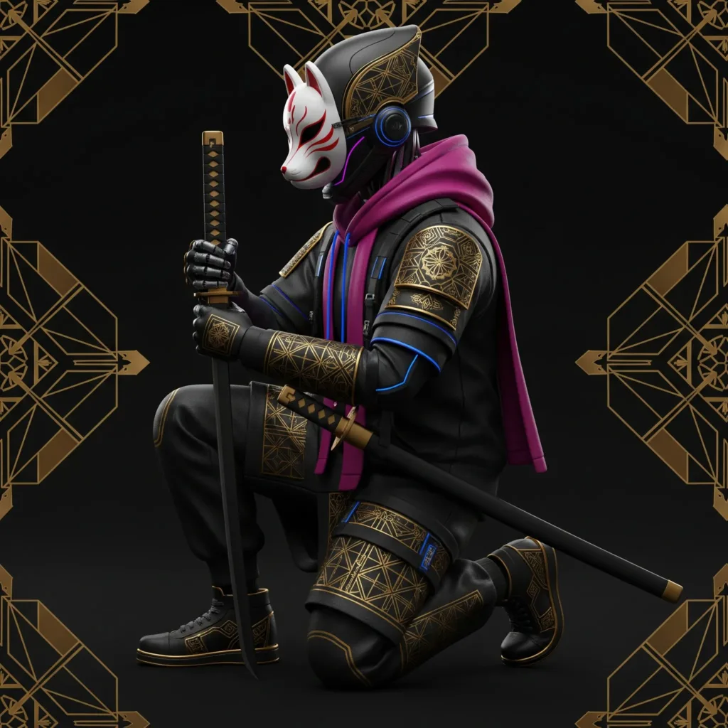 Un samouraï à genou tient son sabre. Il porte un masque de Kitsune et des attributs cyberpunks, mettant ainsi en valeur les précommandes des vêtements Monark