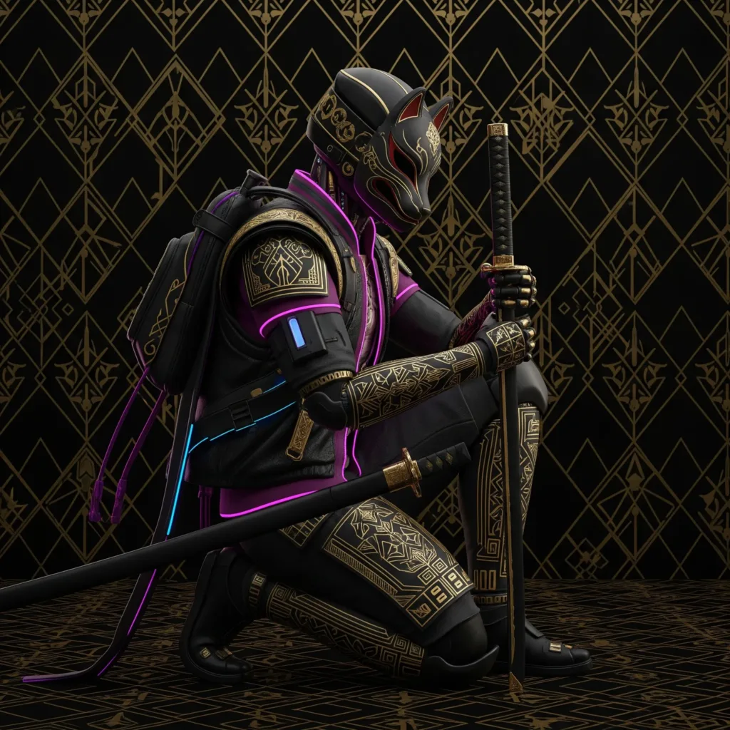 Samouraï vêtu d'or et de noir comme les précommandes des vêtements Monark, un genou à terre il tient un sabre, rappelant ainsi les inspirations asiatiques, cyberpunk et art déco de Monark