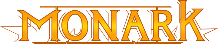 Monark écrit en or et en orange, avec des effets cyberpunk, logo alternatif de la marque Monark streetwear premium