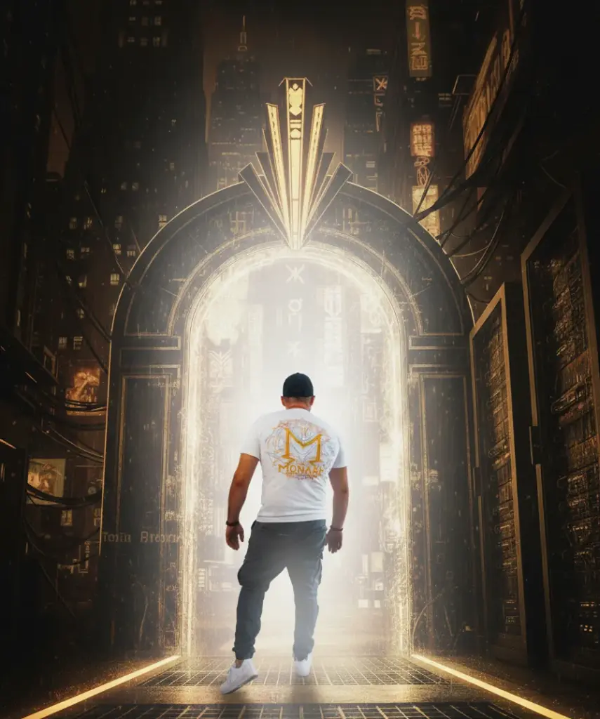 Le Héraut franchit une porte comme s'il acceptait les conditions générales de vente impériales. l'ambiance passe d'obscur à lumineuse en franchit une porte aux allures cyberpunk et art déco