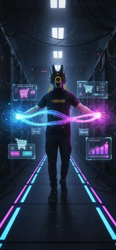 L'Empereur marche dans sa salle des serveurs, agitant les mains pour faire apparaitre les conditions générales de vente impériales