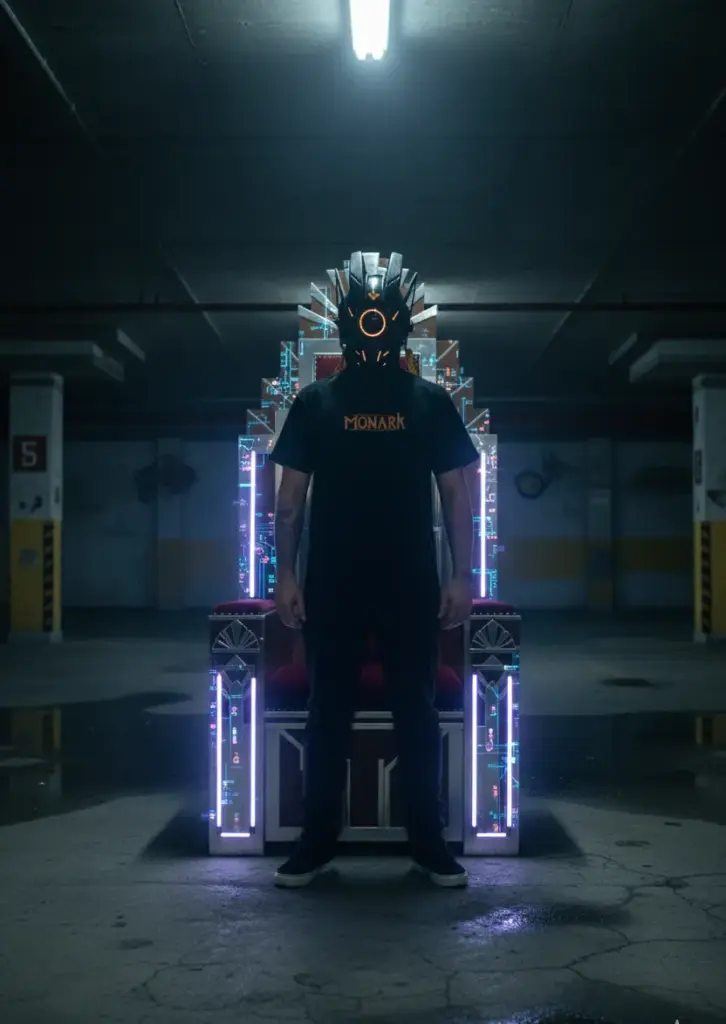 L'Empereur fait face à l'objectif, debout devant un trône aux influences art déco et cyberpunk pour promulguer les conditions générales de vente impériales