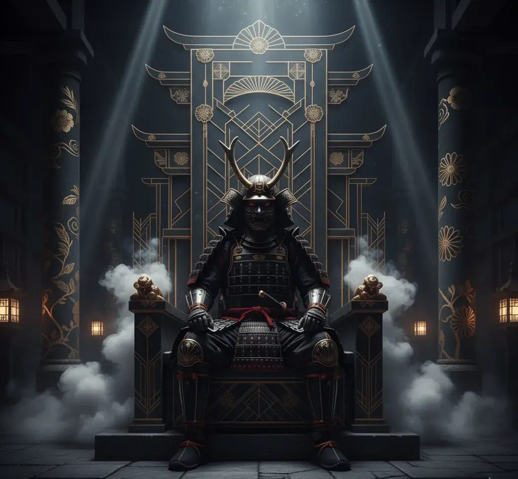 Député du Ministère de la politique des cookies de l'empire urbain, ce samouraï masqué est assis sur un trône aux inspirations asiatiques et art déco.