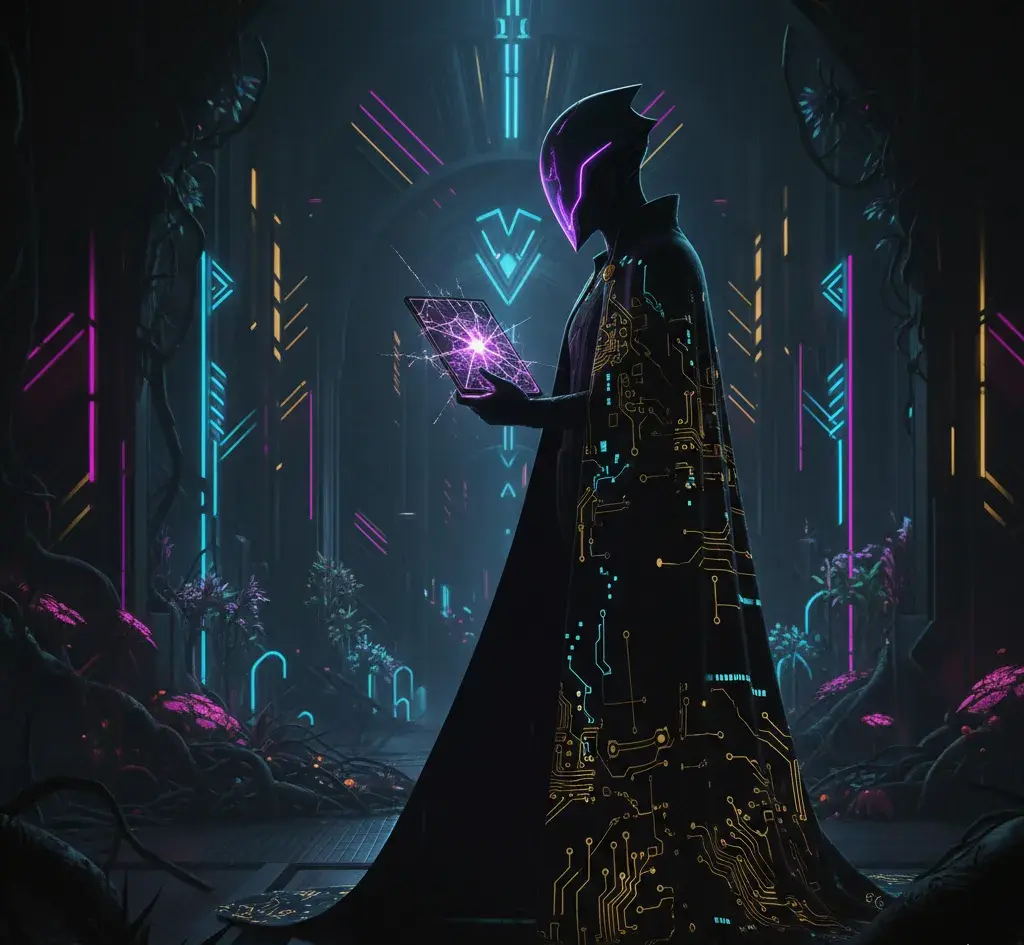 Le Messager du service client royal monark, est un être cyberpunk revêtant une cape de circuits imprimés aux allures art déco.