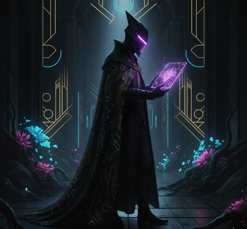 Un Messager du service client royal monark pencé sur les demandes des sujets du royaume. Sa cape de circuits imprimés et l'ambiance qui règne est à la fois art déco et cyberpunk.