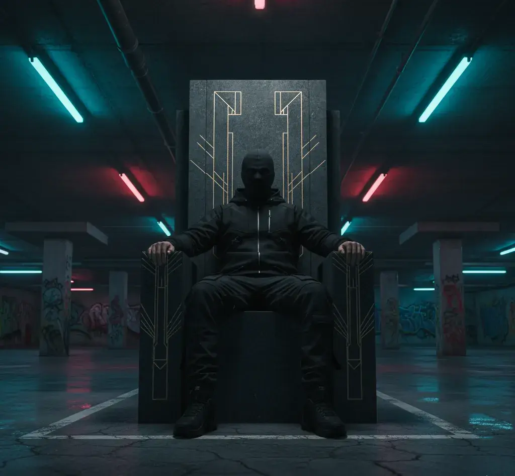 Ministre de la politique des cookies de l'empire, habillé de noir en survêtements, assis sur un trône art déco dans un parking éclairés par des néons.